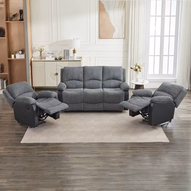 FURNITURE ONE Grey Corduroy Fabric Electric Reclining Sofa Set with 3-Seater, 2-Seater and Armchair