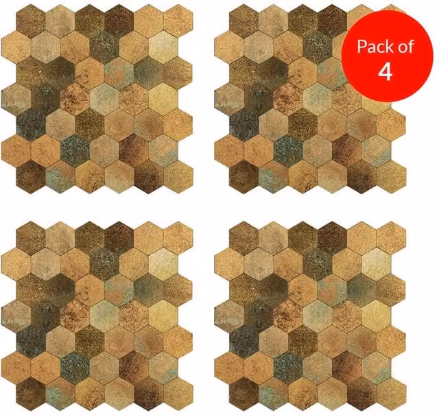 ENER-J Britwall Hexagon Aluminium Mosaic Peel & Stick Wall Tiles, Mixed Bronze, Pack of 4, W: 29.3 cm x H: 28.5 cm