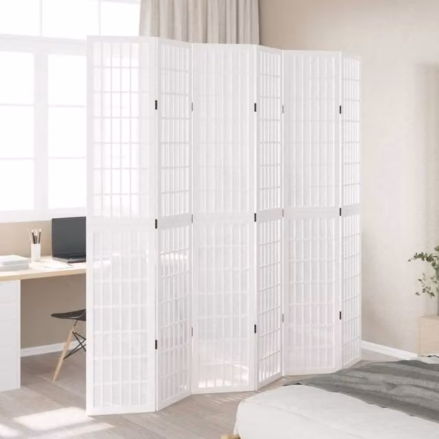 Berkfield Home 6-Panel Room Divider in White Solid Paulownia Wood, H: 220 cm x W: 215 cm x D: 1.6 cm