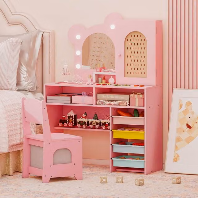 Costway Kids Princess Vanity Table and Chair Set with 5 Drawers and Lights in Pink
