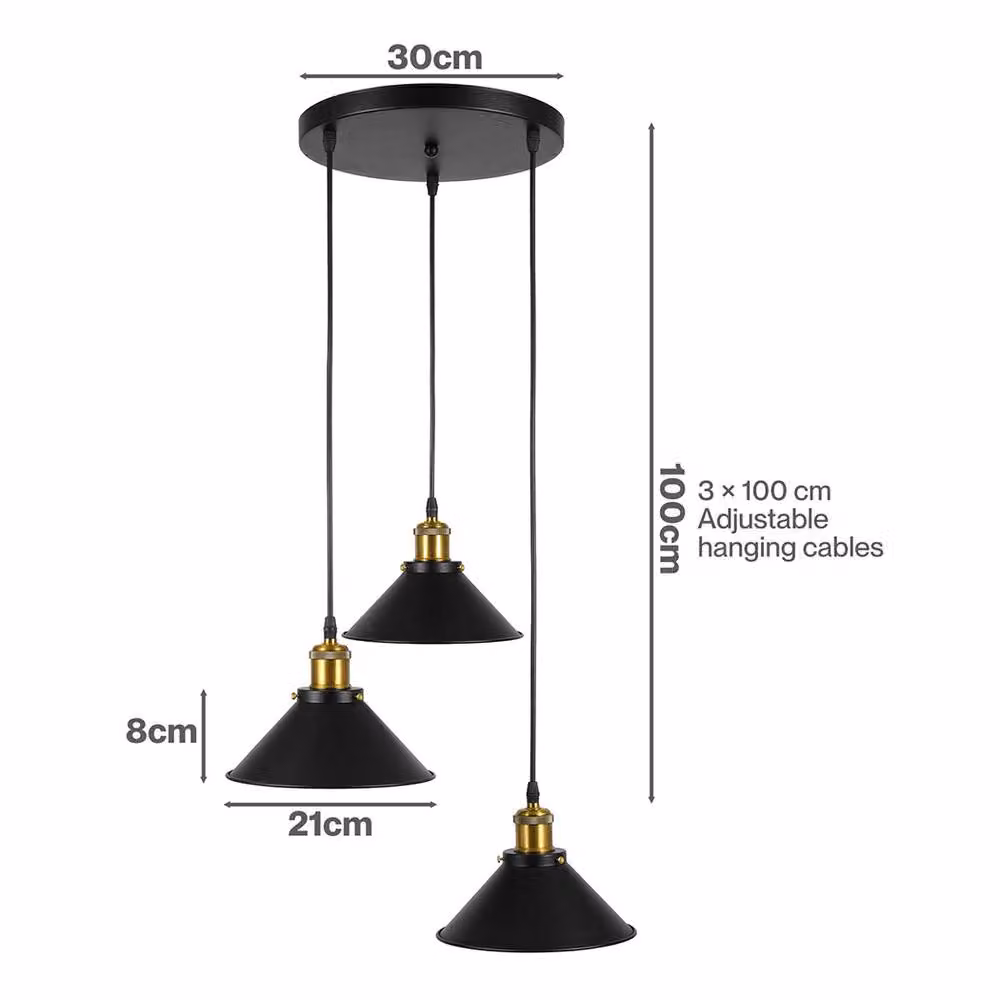 Emitto Industrial 3-Light Pendant Light, Height Adjustable Metal Ceiling Lamp in Black and Gold/Brass – 4