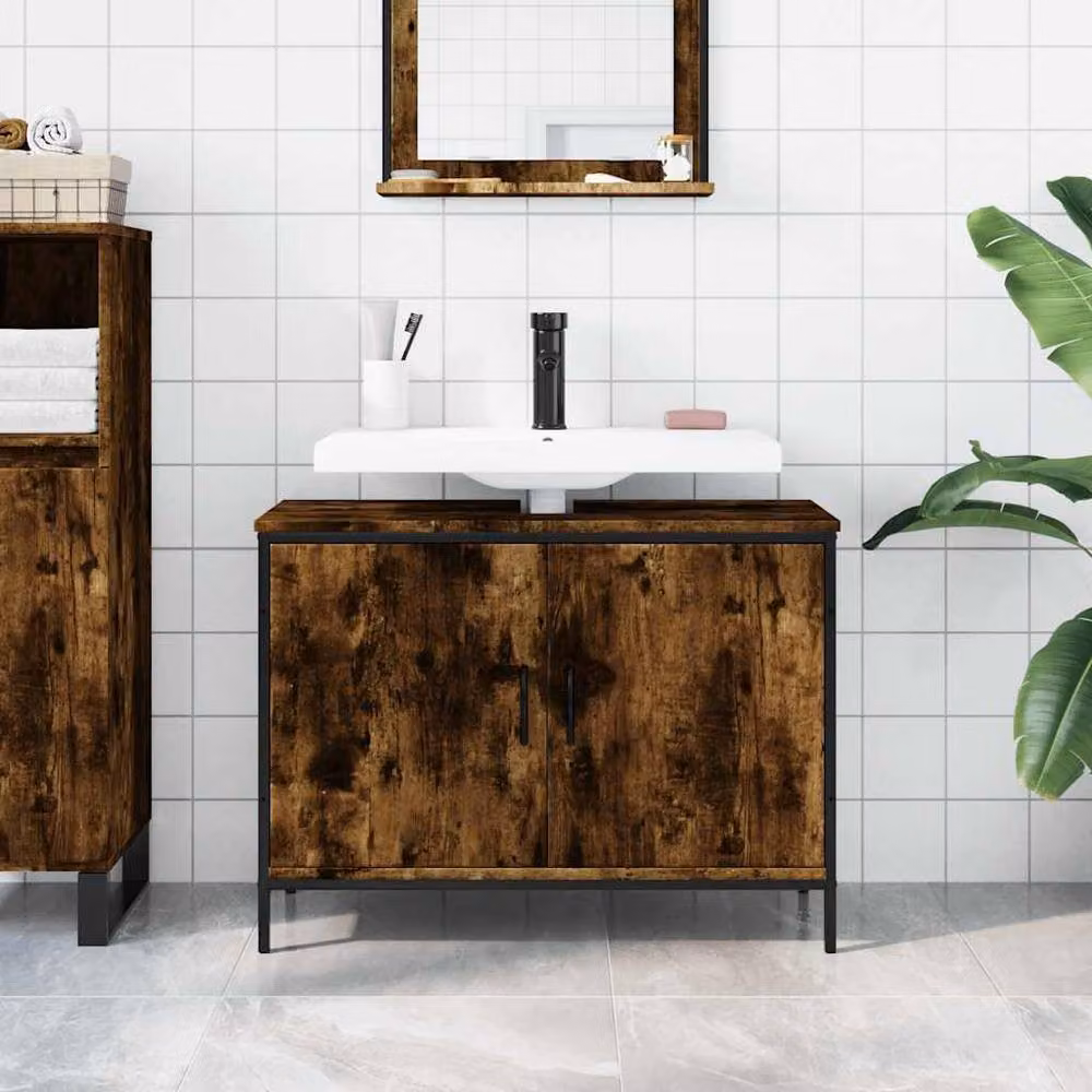 Berkfield Home Smoked Oak Wall Mounted Bathroom Sink Cabinet, Brown, W: 80 cm, D: 30 cm, H: 60 cm – 3