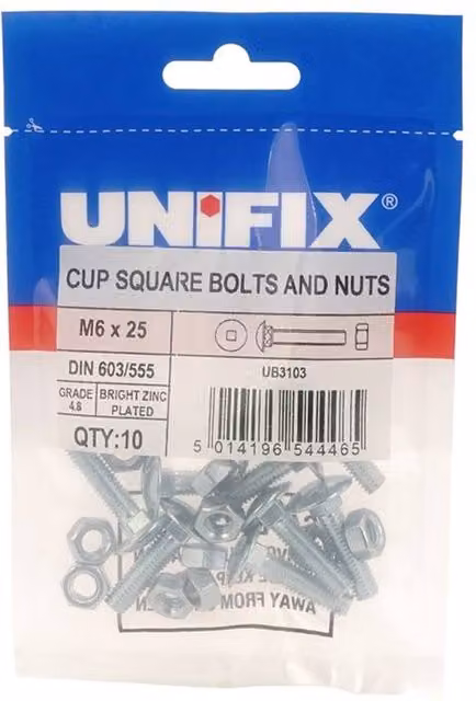 Unifix Grade 4.8 Galvanised Steel Cup Square Hex Bolts and Nuts in Silver