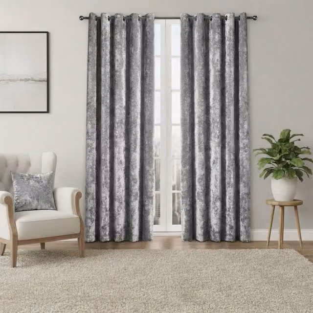 Snug City Silver Crushed Velvet Eyelet Curtains, Thermal Insulating and Opaque, Width: 117 cm, Height: 137 cm