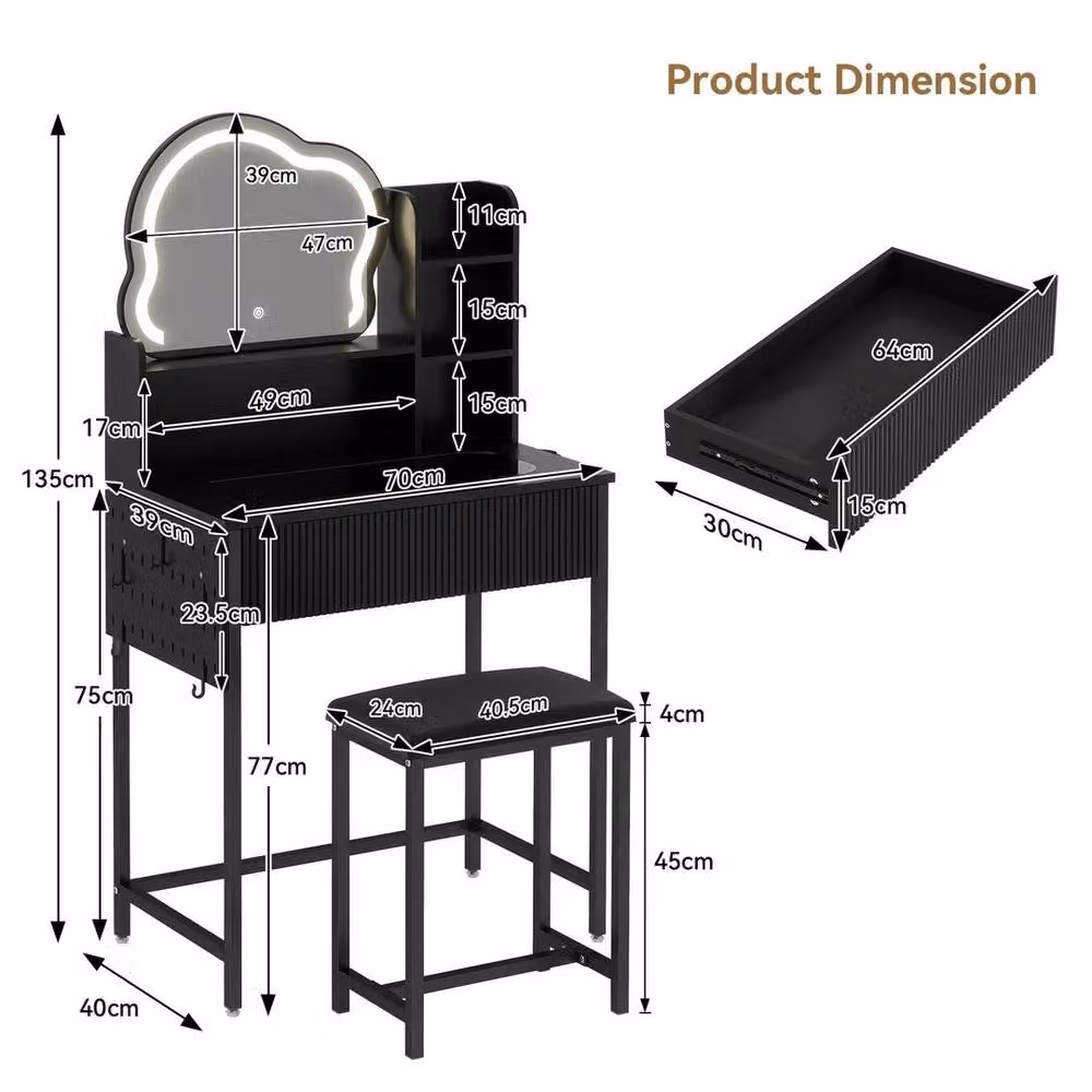 FLAVORA Modern LED Lighted Dressing Table Set with Mirror and Stool in Black, W/D/H: 100 x 100 x 100 cm – 2