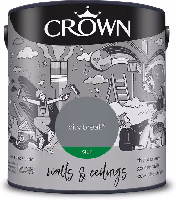 Crown Walls and Ceilings Silk Emulsion City Break Grey 2.5l
