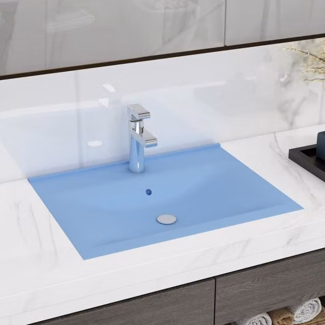 Berkfield Home Luxury Rectangular Ceramic Wall Hung Basin with Faucet Hole in Matt Light Blue W: 60 cm, D: 46 cm, H: 16 cm