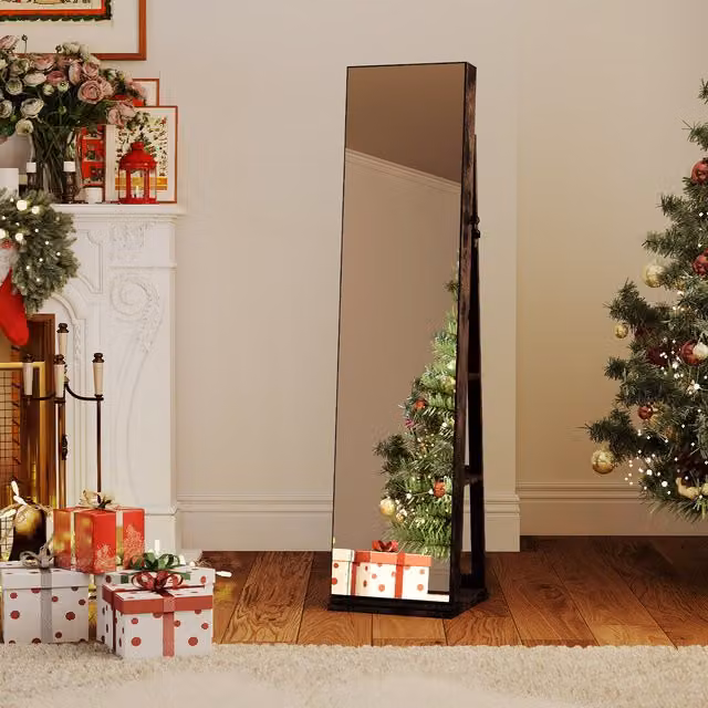 COSTWAY Freestanding Brown Jewelry Storage Organiser with LED Lighting, Mirror and Lock