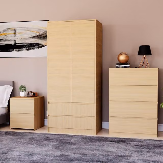 Vida Designs Denver Bedroom Set in Brown including Wardrobe, 4-Drawer Chest and 2 Bedside Tables – 1