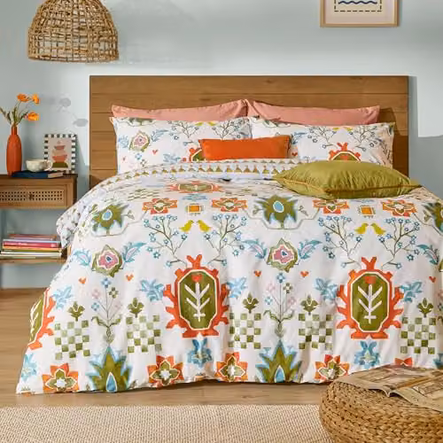 Riva Home Dilara Reversible Geometric Bird Printed Duvet Cover Set, Blue and Multicolour, W/D/H: 200 x 200 cm