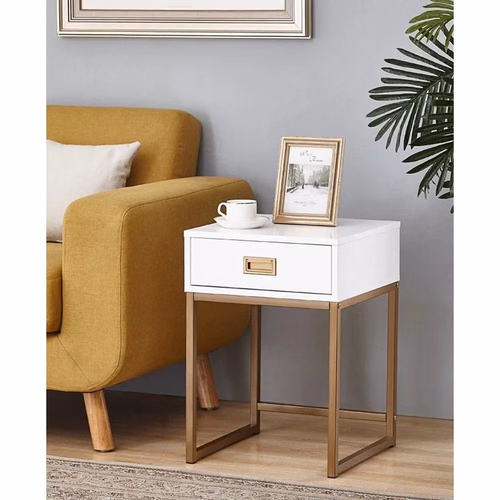 VOGREX White and Gold Fluted Drawer Bedside Nightstand – 2