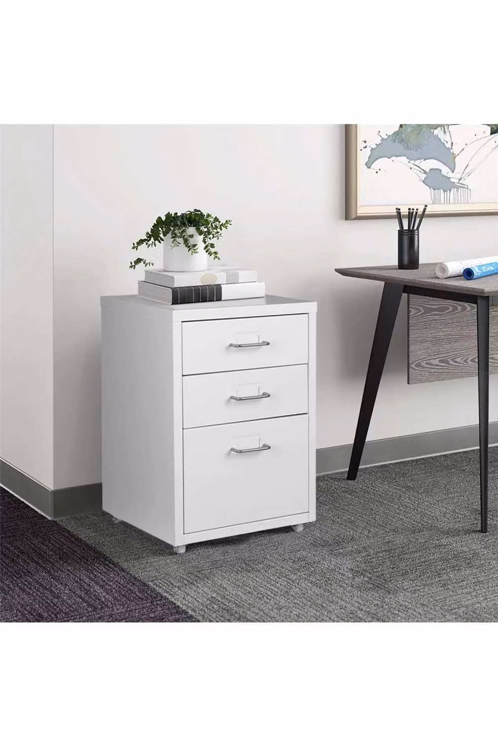 Living and Home Metal Office File Cabinet with Wheels in White – 3