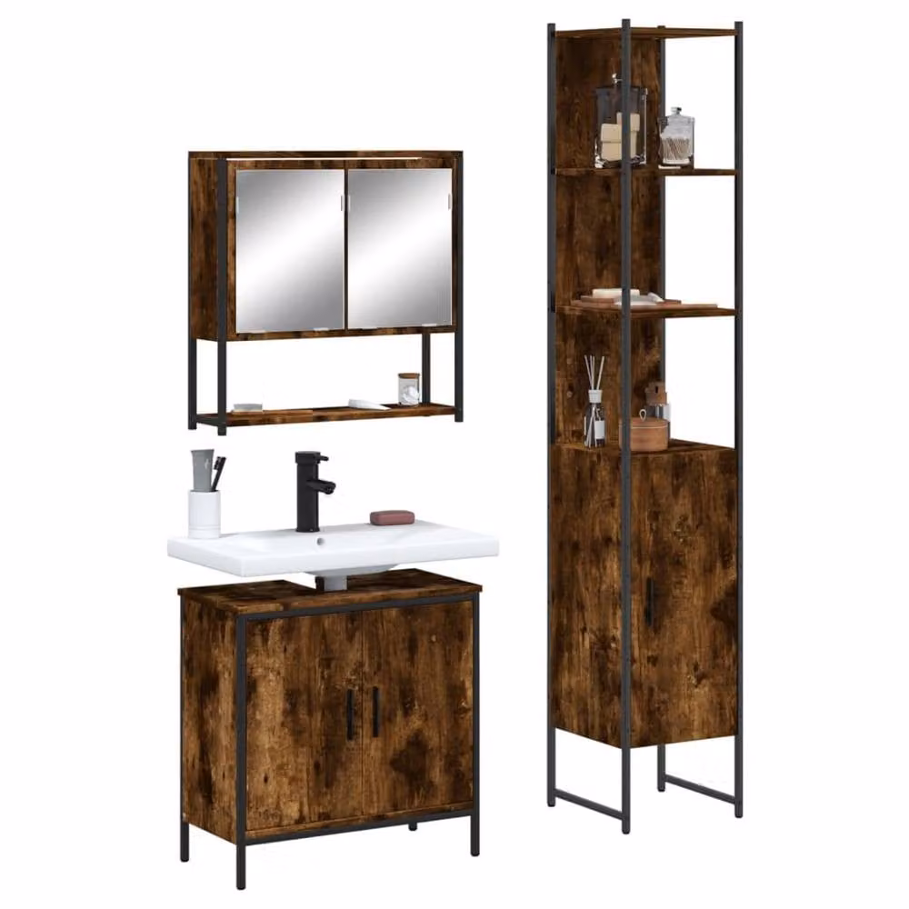 Berkfield Home 3 Piece Industrial Bathroom Furniture Set in Smoked Oak Brown – 1