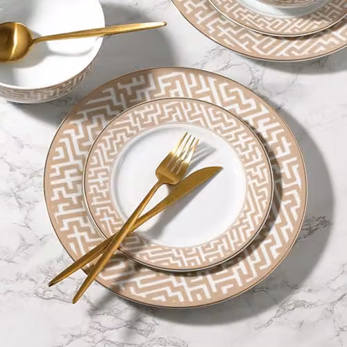 Waterside 12-Piece Gold Band Maze Geometric Porcelain Dinner Set in White and Gold – 5