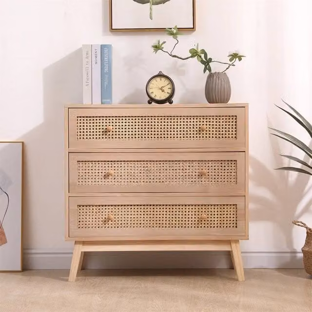 FORGEVIO 3-Drawer Rattan Bedroom Dresser in Beige and Sand, W/D/H: 80 x 33 x 77.5 cm