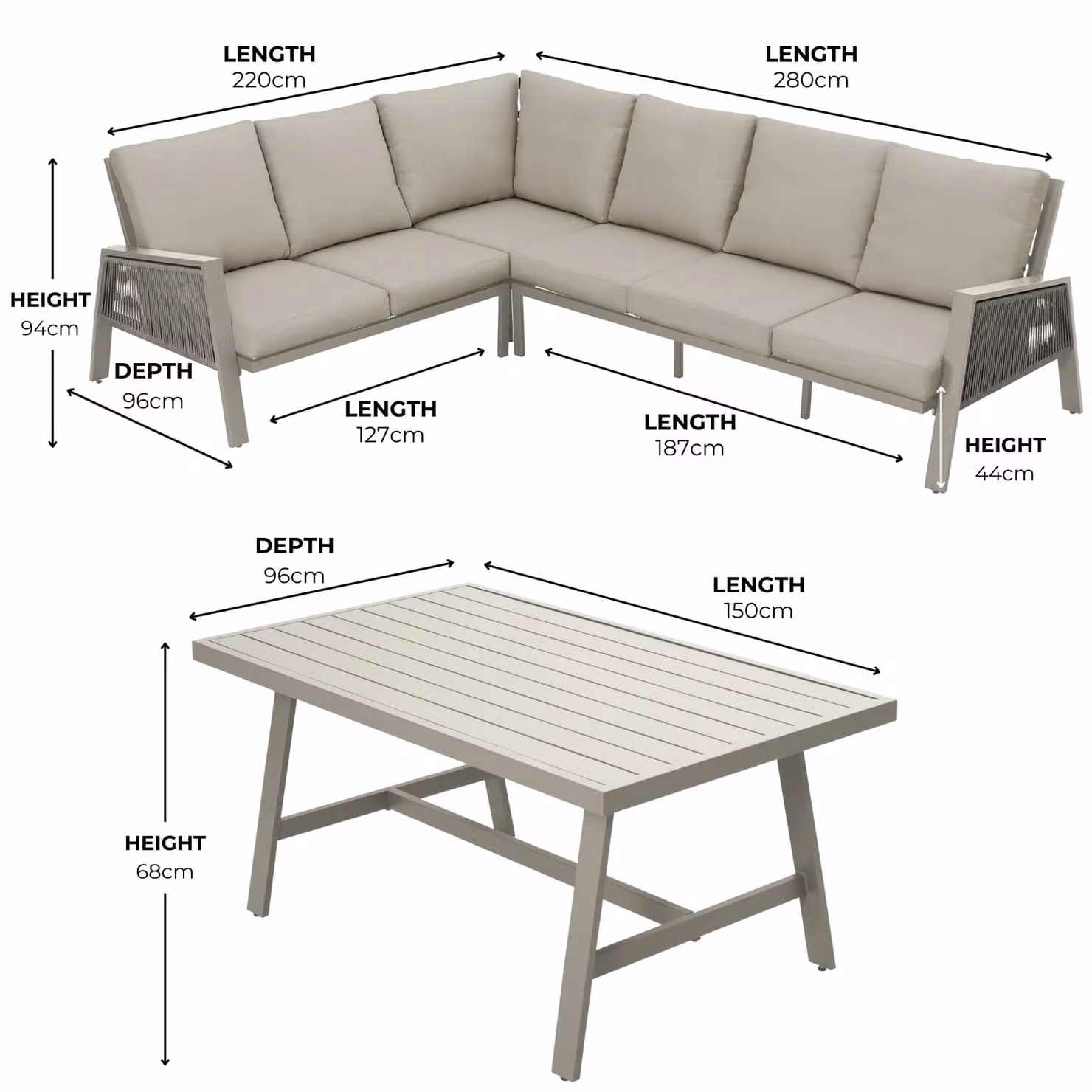 Modish Furnishing Sicily 6 Seater L-Shape Corner Sofa and Dining Set with Light Grey Aluminium Frame and Beige Cushions – 5