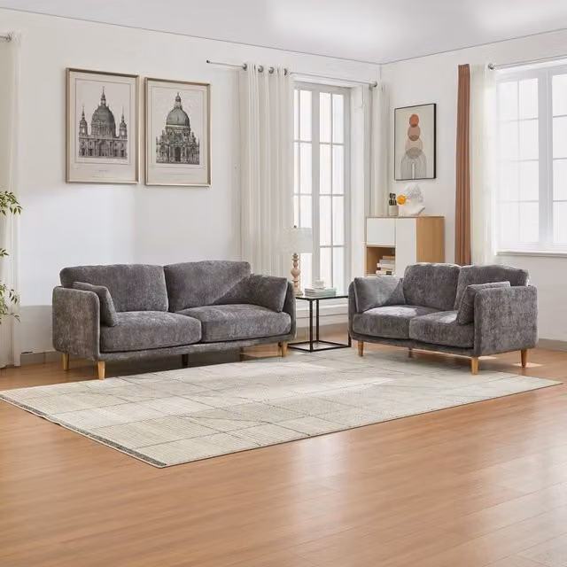 FURNITURE ONE Grey Velvet Upholstered Sofa Set with 2-Seater and 3-Seater Sectional Couches