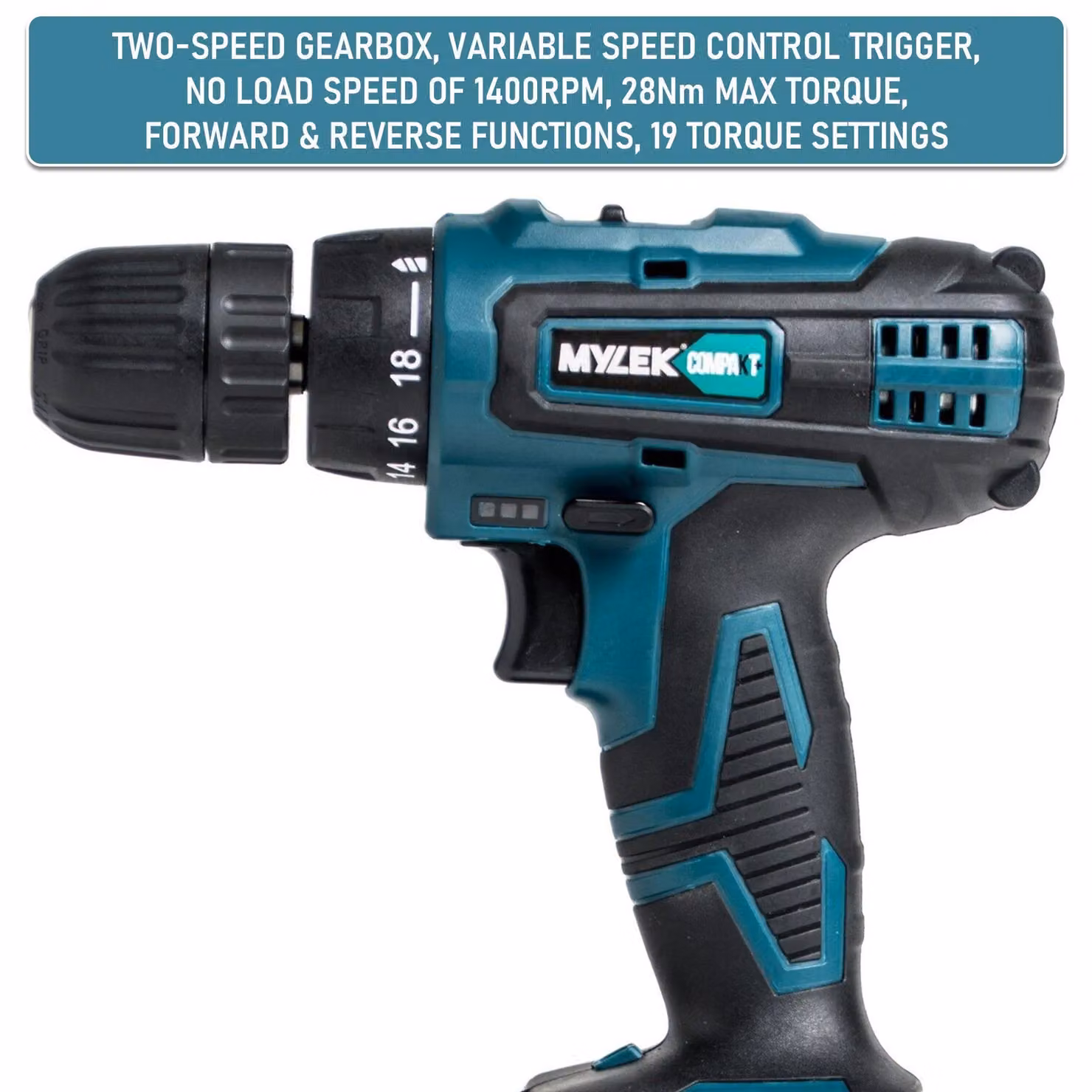 MYLEK 2 Speed Cordless Rechargeable Drill BMC in Green with Carry Case and 50 Piece Accessory Kit – 3
