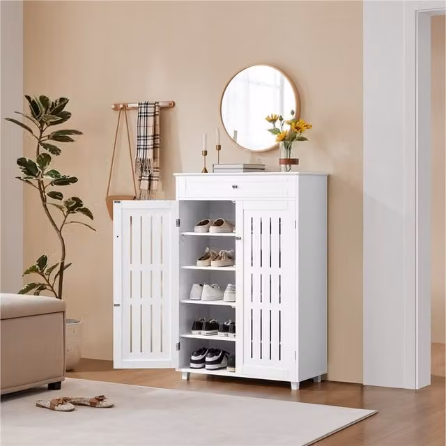 Yaheetech White Modern Shoe Cabinet with Drawers and Hinged Doors