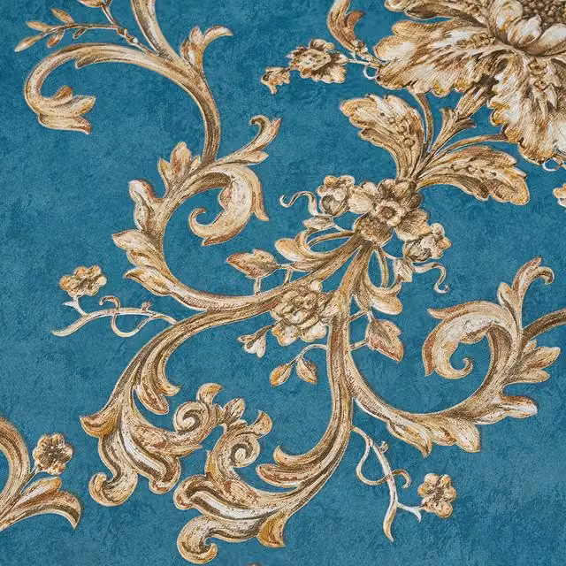 Livingandhome Vintage Damask 3D Embossed Non-Woven Wallpaper Roll, Floral Botanical Design in Dark Blue and Gold