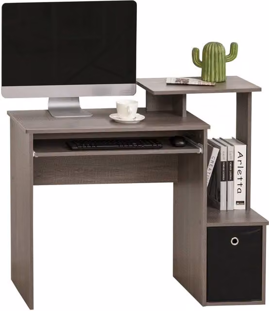 Rolipo Modern Computer Desk with Sliding Keyboard Tray, Drawer and Shelf in Grey