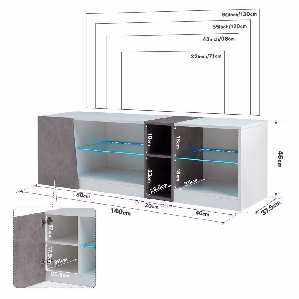 KORVIXA Mondeer LED TV Cabinet in White with Integrated Lighting, W: 140 cm, D: 100 cm, H: 100 cm – 2
