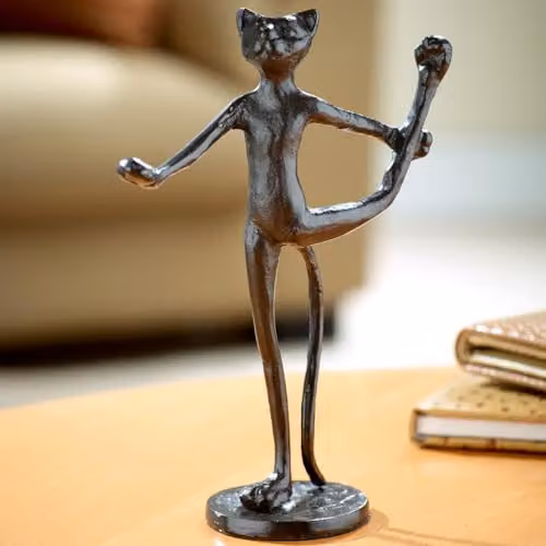 mysmartbuy Cast Iron Yoga Cat Statue in Black with Rustic Finish, H17 x W13 x D6 cm