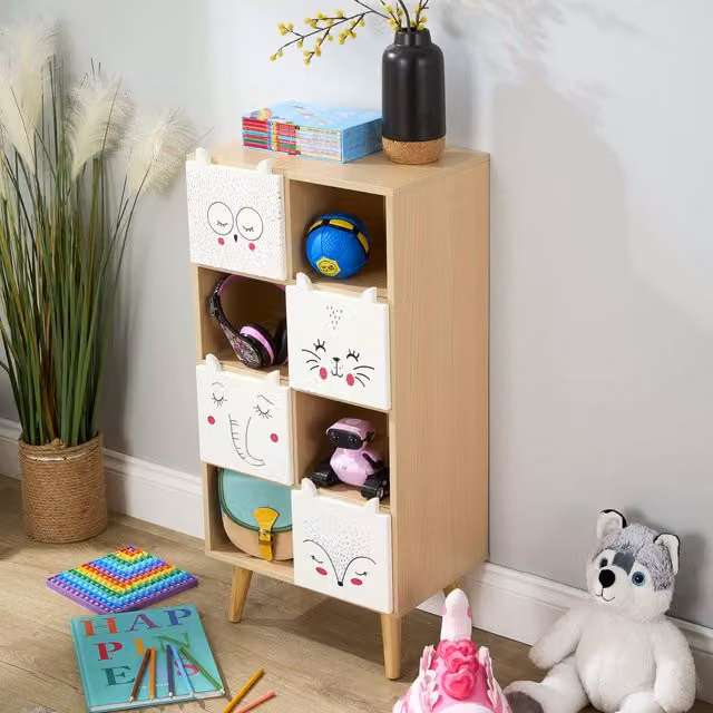 Home Source Milo Kids 2x4 Cube Storage Unit and Bookcase with Animal Face Drawers in Beige and Natural Wood