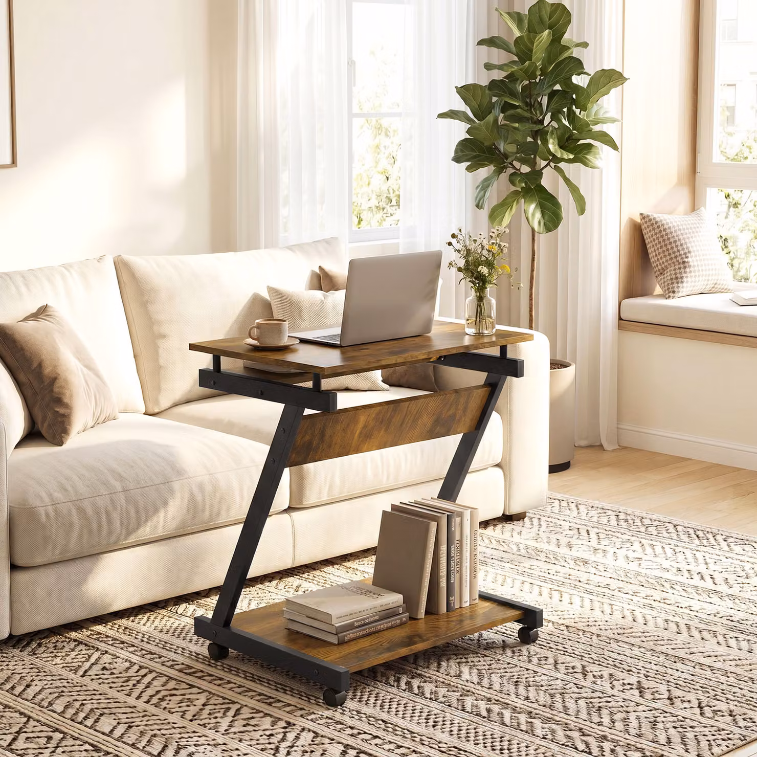 HOMCOM Modern Brown Movable Computer Desk with Keyboard Tray and Castors – 5