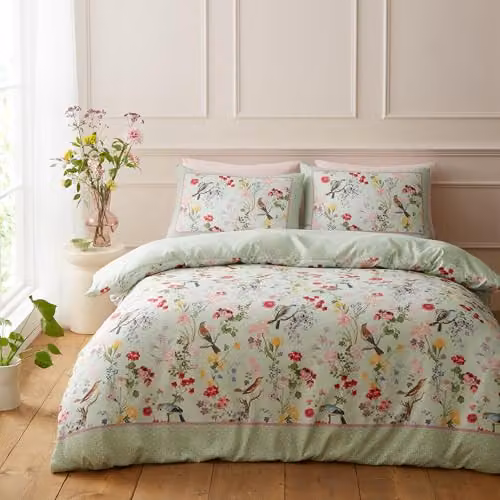 Catherine Lansfield RHS x Birds In Bloom Super King Reversible Microfibre Duvet Cover Set with Pillowcases, Green, Duvet Cover: 200 x 200 cm, Pillowcases: 50 x 75 cm