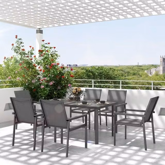 OUTSUNNY 7 Piece Modern Grey Garden Dining Set with Rectangular Glass Top Table and 6 Armchairs