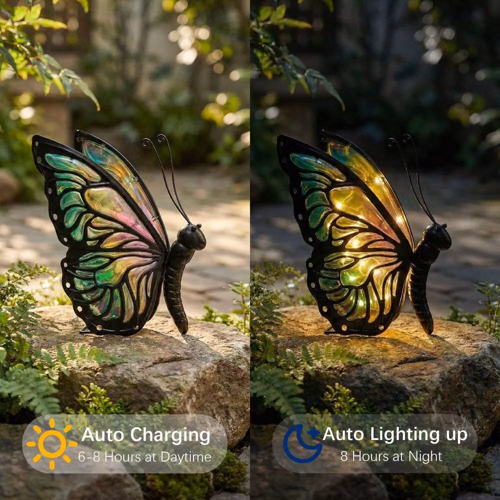 Bright Zeal Solar Butterfly Outdoor Lights, Hand-Painted Multicolour Glass Warm LED Decor – 3