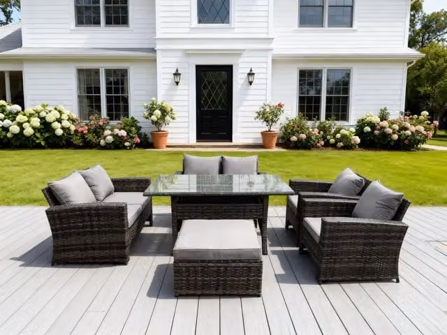 Fimous 7 Seater High Back Rattan Garden Dining Set in Dark Grey Mixed