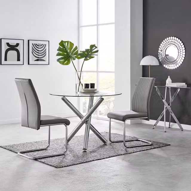 FurnitureboxUK Selina Round Glass and Chrome Dining Table and Lorenzo Chairs Set in Grey