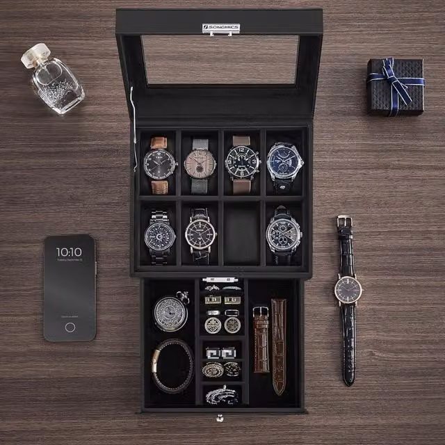 The Bazaarist Lockable Double Deck Watch Box with Drawer in Black Synthetic Leather
