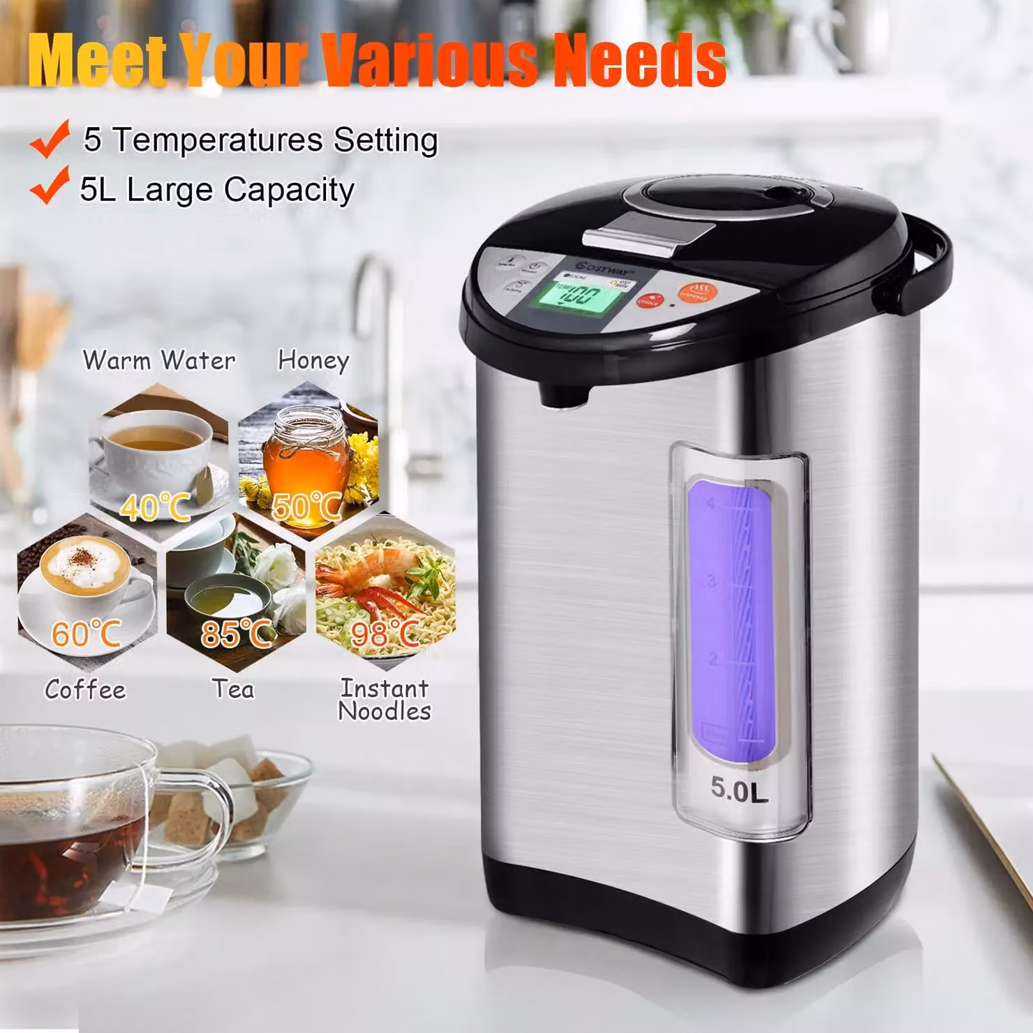 Costway Instant Hot Water Dispenser and Thermal Water Boiler with 5 Temperature Settings, 5L Capacity, Silver – 4