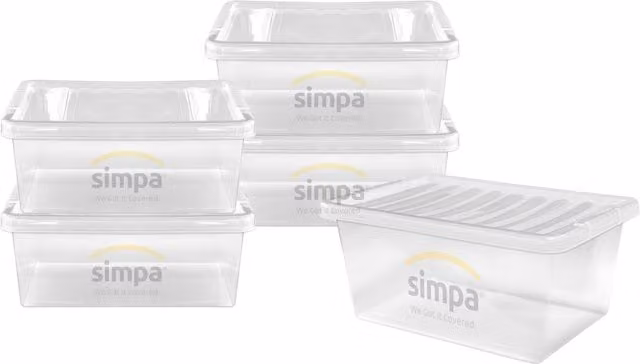 Simpa Set of 5 Stackable Plastic Storage Boxes with Lids, 45L, Transparent