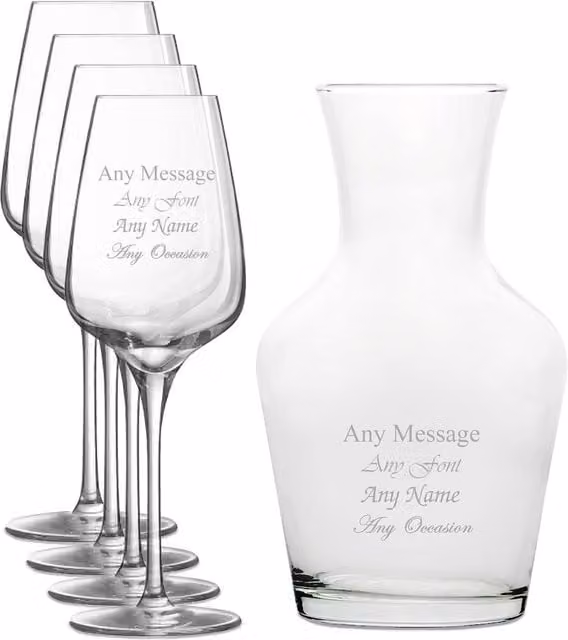 Uniqueful Personalised Set of 4 Transparent Glass Wine Glasses and 1 Litre Vin Carafe Set