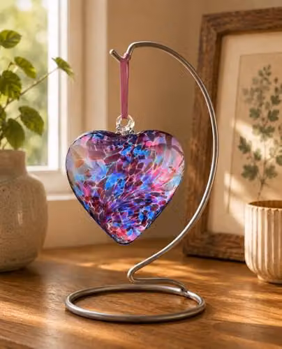 Sienna Glass Handcrafted Hanging Glass Heart Ornament in Blue and Pink, 12 cm – 3
