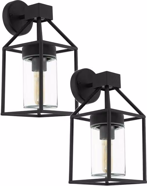 Loops 2 Pack Black IP44 Outdoor Wall Light with Square Transparent Glass Shade and E27 Socket – 1