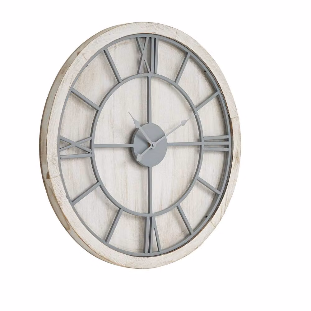 Wyld Haus Round Rustic Skeleton Wall Clock in White and Grey – 2