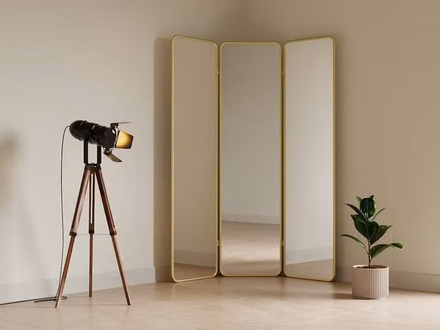 Vente-unique 3-Panel Metal Mirror Room Divider in Gold, W: 146 cm, H: 180 cm – 1