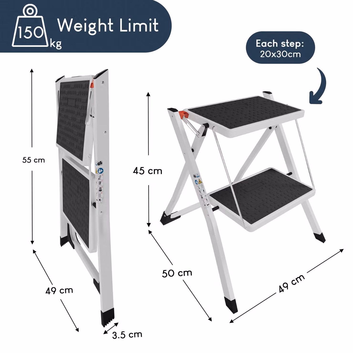 Home Discount Vida 2 Step Folding Stool with Anti-Slip Mat in White – 2