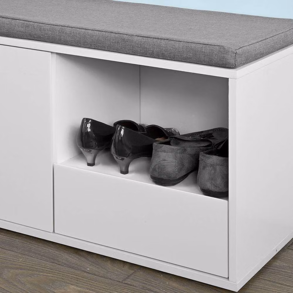 SoBuy Modern White and Grey Entrance Bench with Fabric Cushion and Shoe Rack Storage – 4