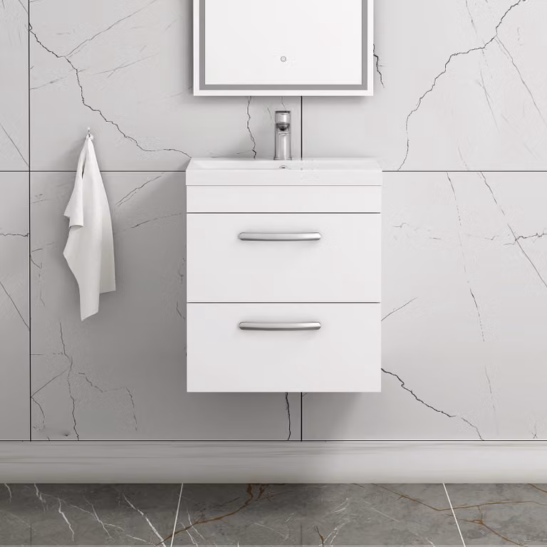 Royal Bathrooms Turin Wall Hung Gloss White 2 Drawer Vanity Unit with Mid-Edge Sink, Width: 50 cm