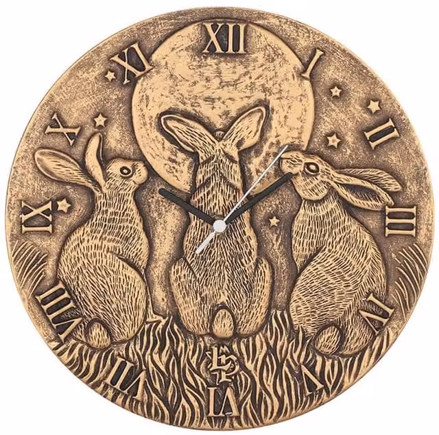 KDMK Moon-Gazing Hares Round Analog Quartz Wall Clock in Brown Ceramic and Metal