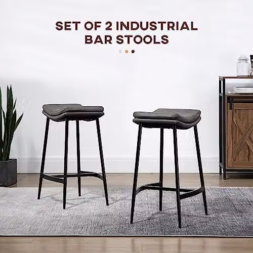 HOMCOM Set of 2 Grey Microfibre Upholstered Industrial Bar Stools with Metal Frame – 3