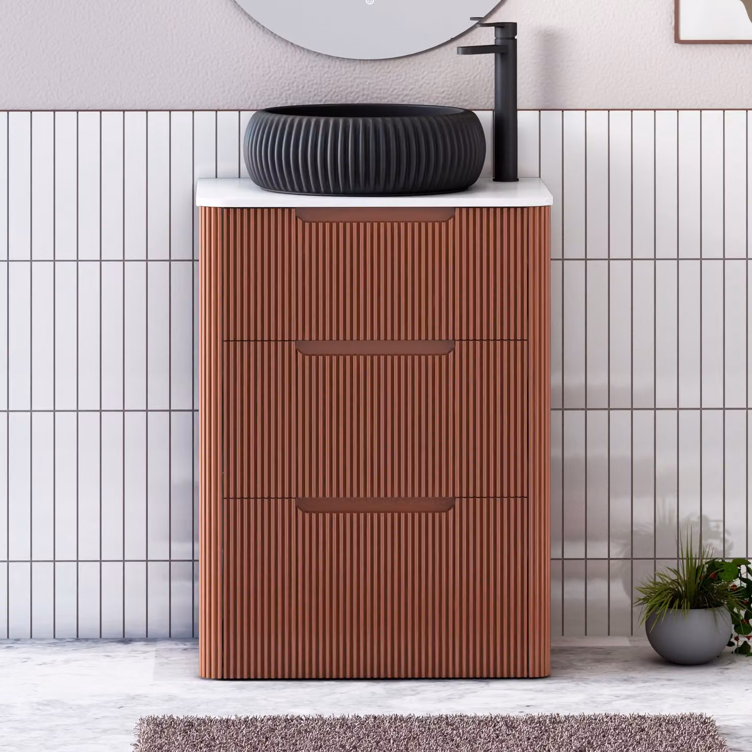 Royal Bathrooms Avenza 600mm Terracotta Clay Floor Standing 3 Drawer Vanity Unit with Plain White Worktop and Milan Black Basin