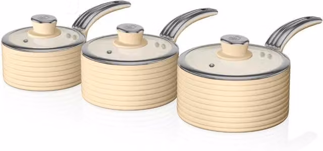 Swan 3 Piece Ceramic and Aluminium Saucepan Set in Grey and Beige