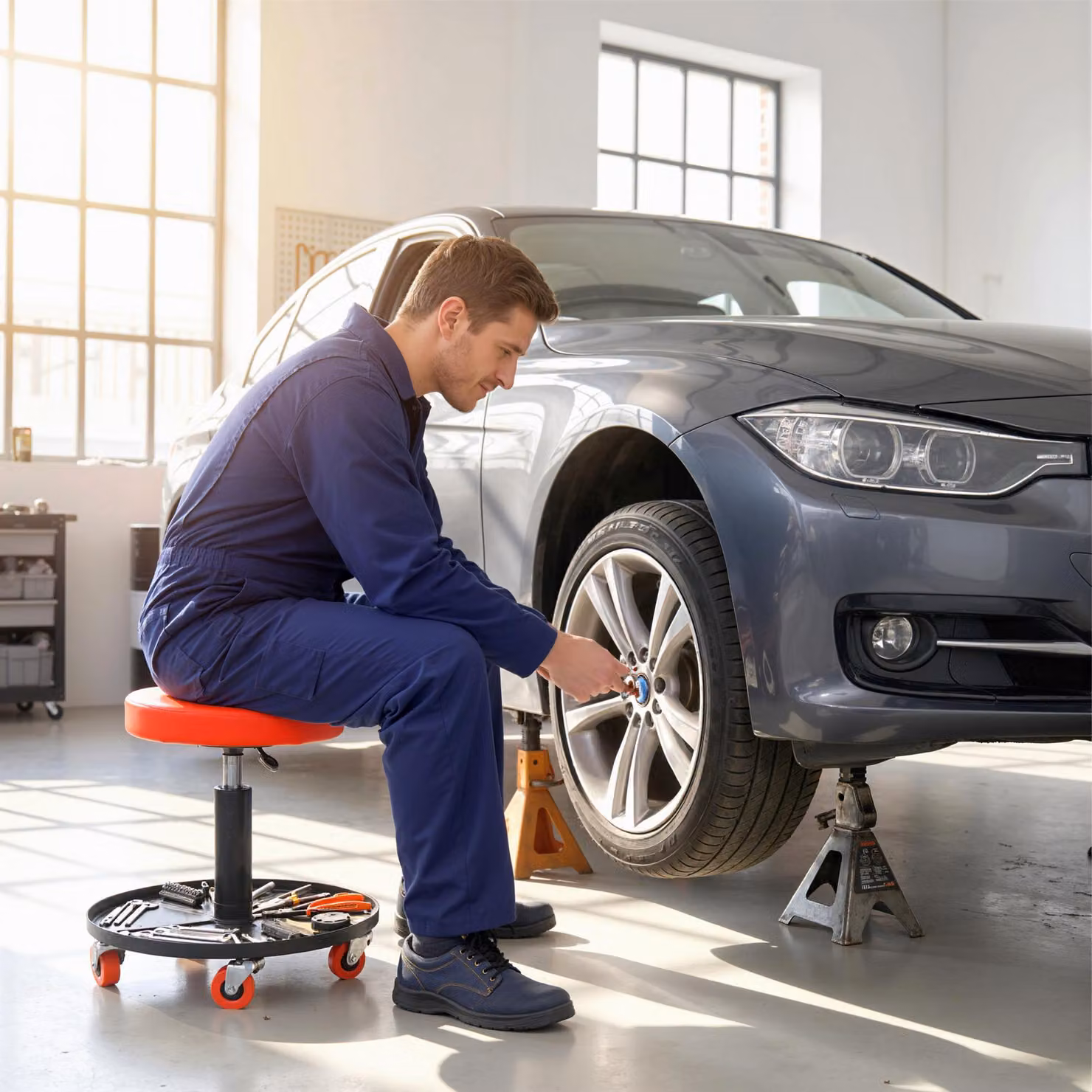 HOMCOM Orange Rolling Mechanical Workshop Stool with Pneumatic Adjustment, Tool Tray and Castors – 8